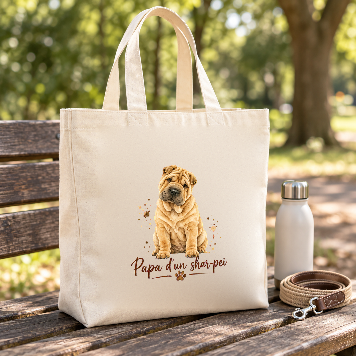 Tote bag shar-pei « Papa d'un shar-pei » Premium posé sur un banc de parc, à côté d'une gourde et d'une laisse