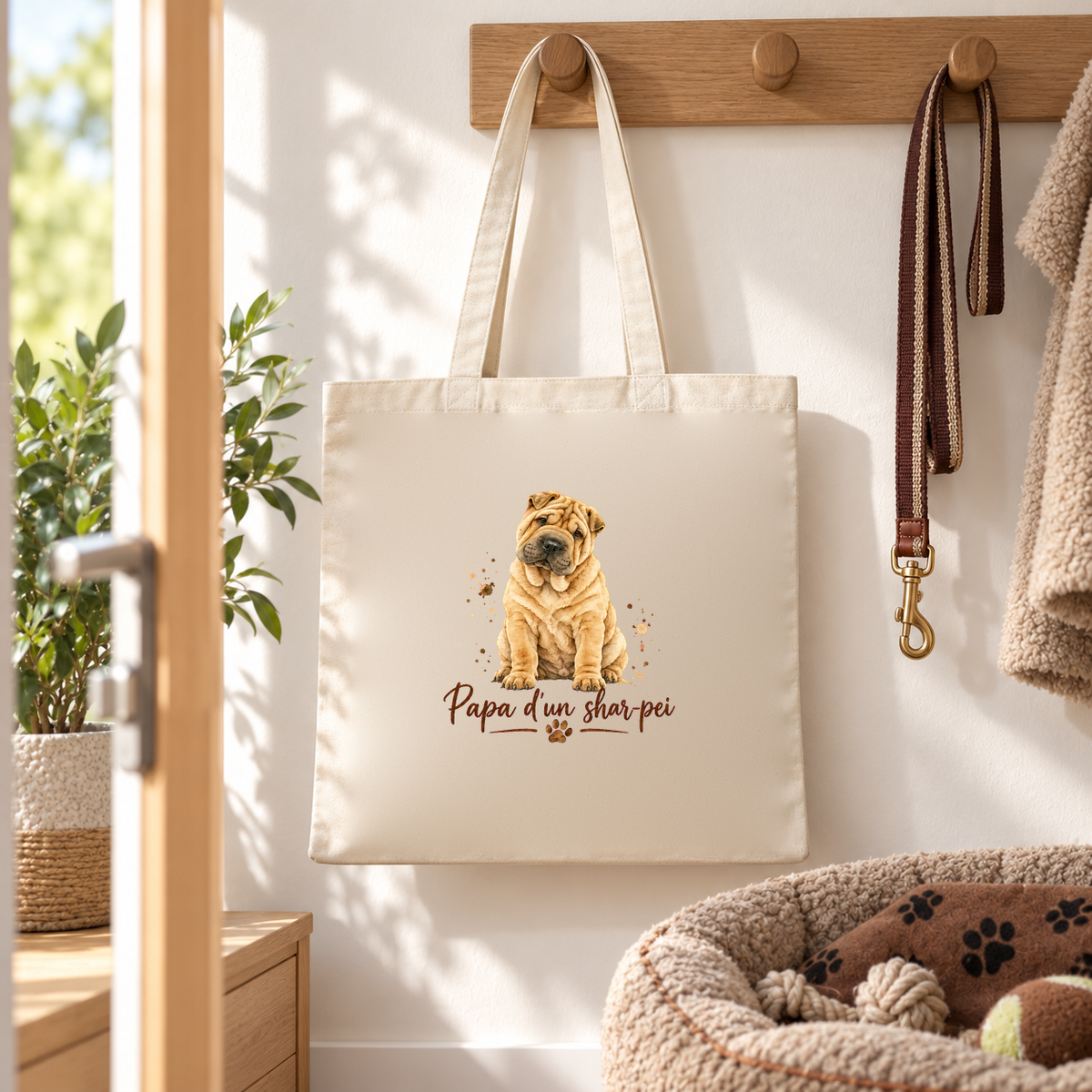 Tote bag shar-pei « Papa d'un shar-pei » Essentiel suspendu à une patère dans l'entrée, à côté d'une laisse et d'un panier pour chien