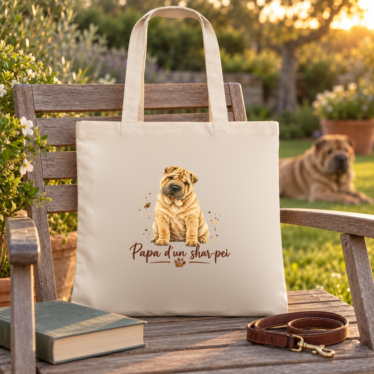 Tote bag shar-pei « Papa d'un shar-pei » Essentiel posé sur une chaise de jardin au coucher du soleil, un shar-pei allongé dans l'herbe