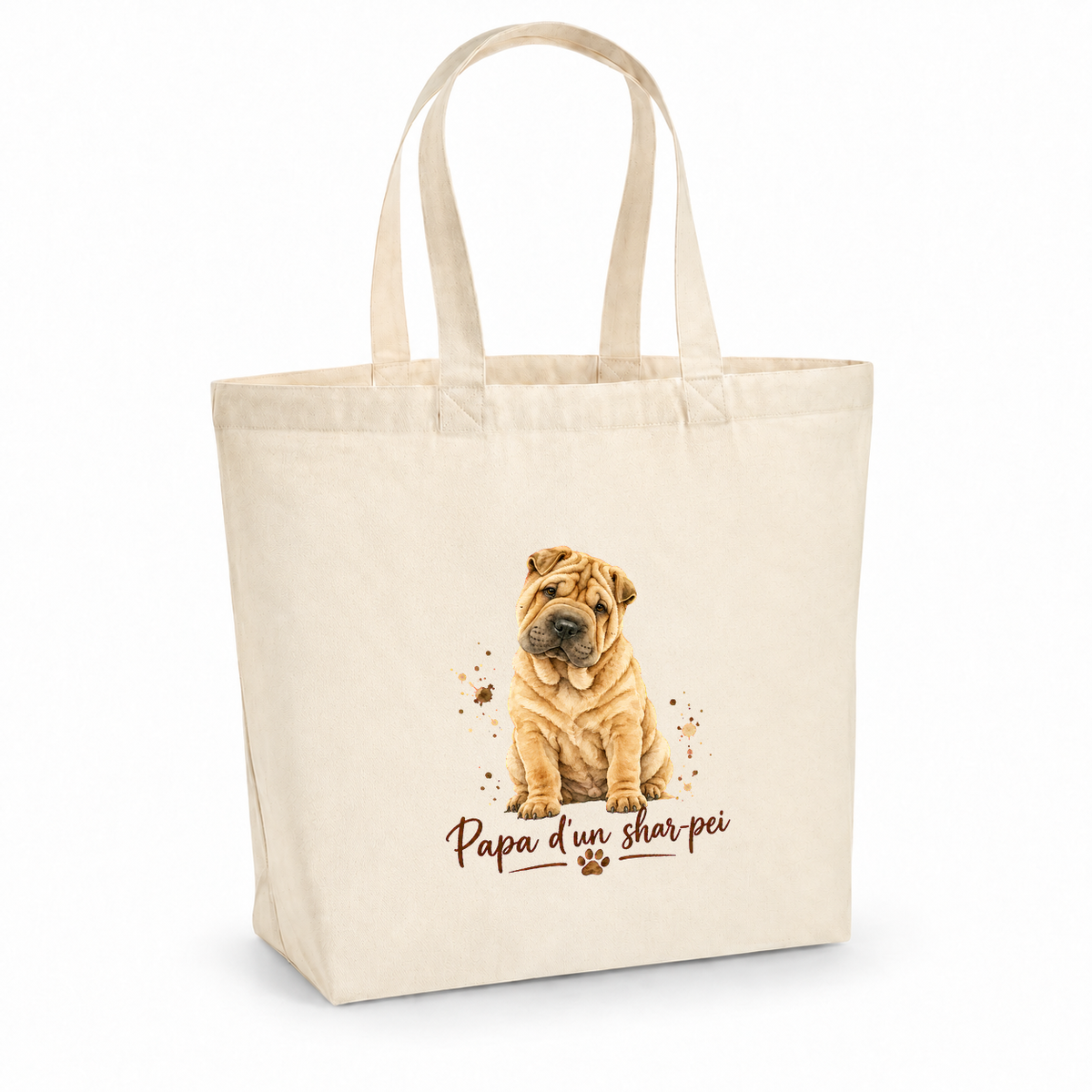 Tote bag shar-pei « Papa d'un shar-pei » Premium, cabas à soufflet en coton naturel 200 g/m² de 18 litres, portrait à l'aquarelle d'un shar-pei fauve assis