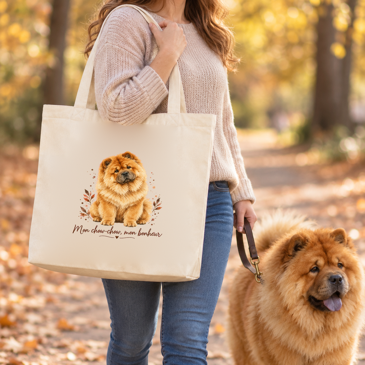 Tote bag chow-chow « Mon chow-chow, mon bonheur » Premium porté à l'épaule lors d'une balade d'automne, avec son chow-chow