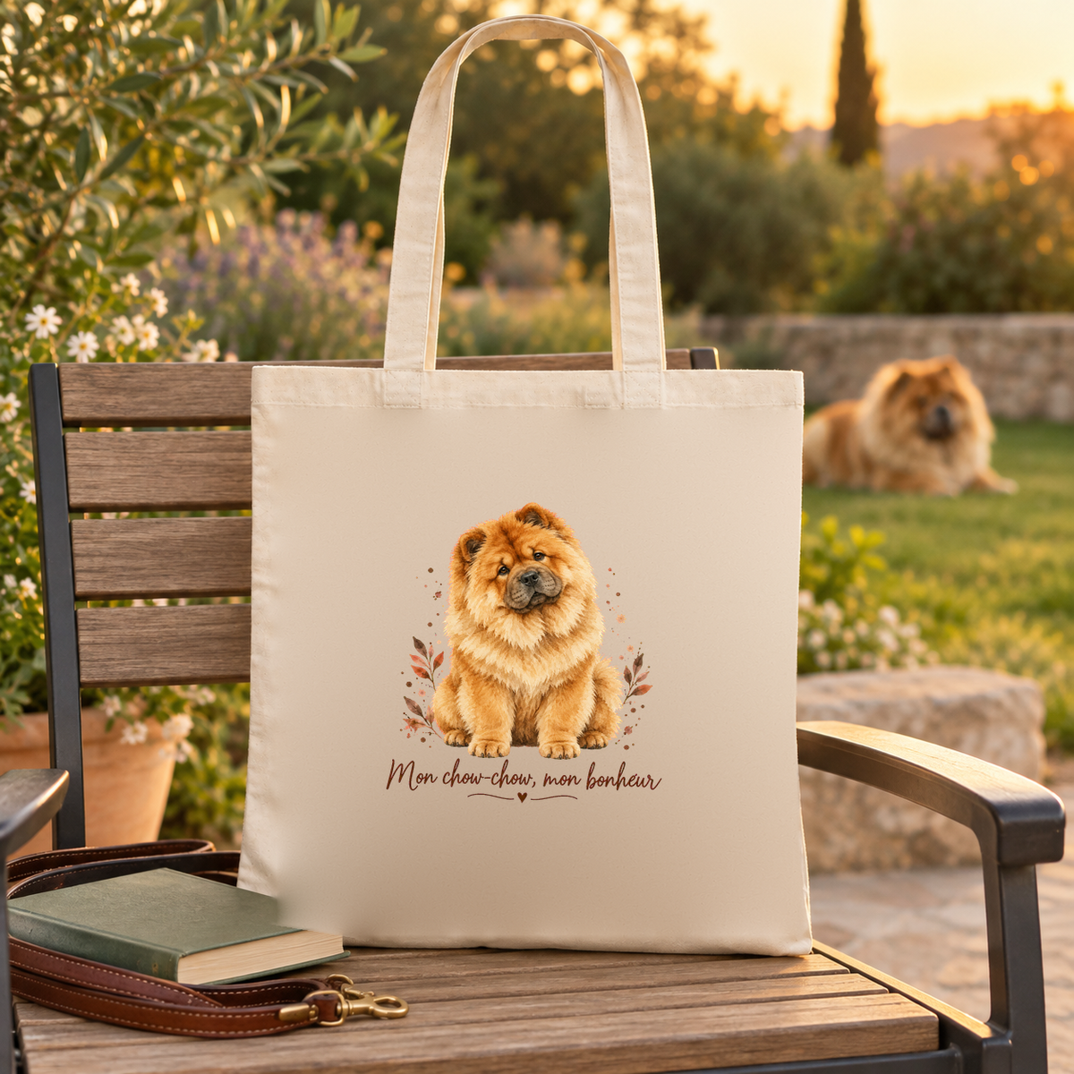 Tote bag chow-chow « Mon chow-chow, mon bonheur » Essentiel posé sur un banc de jardin, à côté d'un livre et d'une laisse, un chow-chow dans l'herbe
