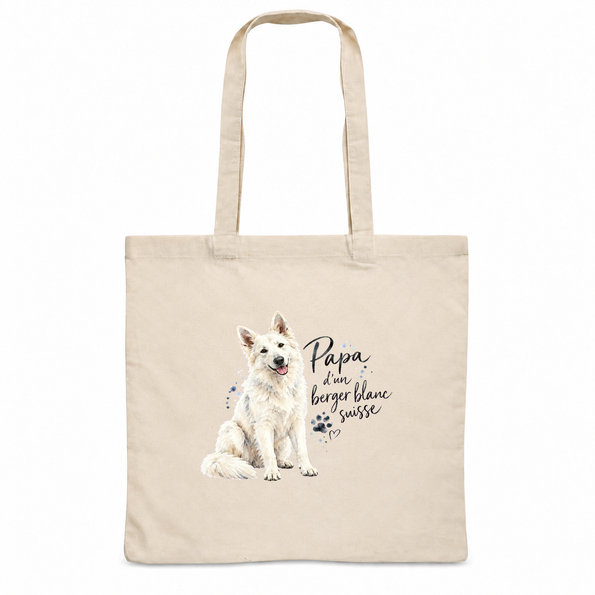 Tote bag berger blanc suisse « Papa d'un berger blanc suisse » Essentiel, sac plat en coton naturel 140 g/m² de 38 × 42 cm, portrait à l'aquarelle d'un berger blanc suisse assis