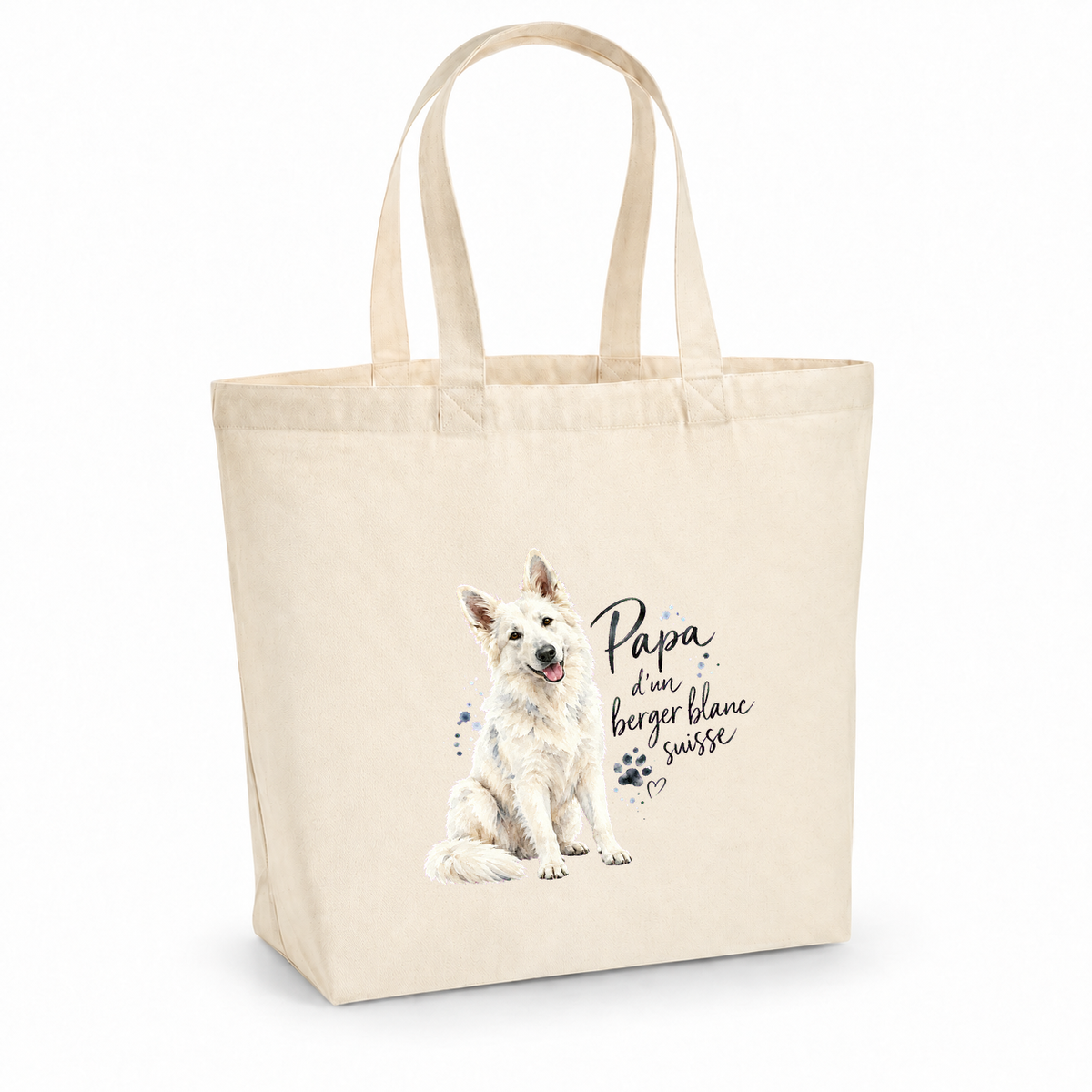 Tote bag berger blanc suisse « Papa d'un berger blanc suisse » Premium, cabas à soufflet en coton naturel 200 g/m² de 18 litres, portrait à l'aquarelle d'un berger blanc suisse assis