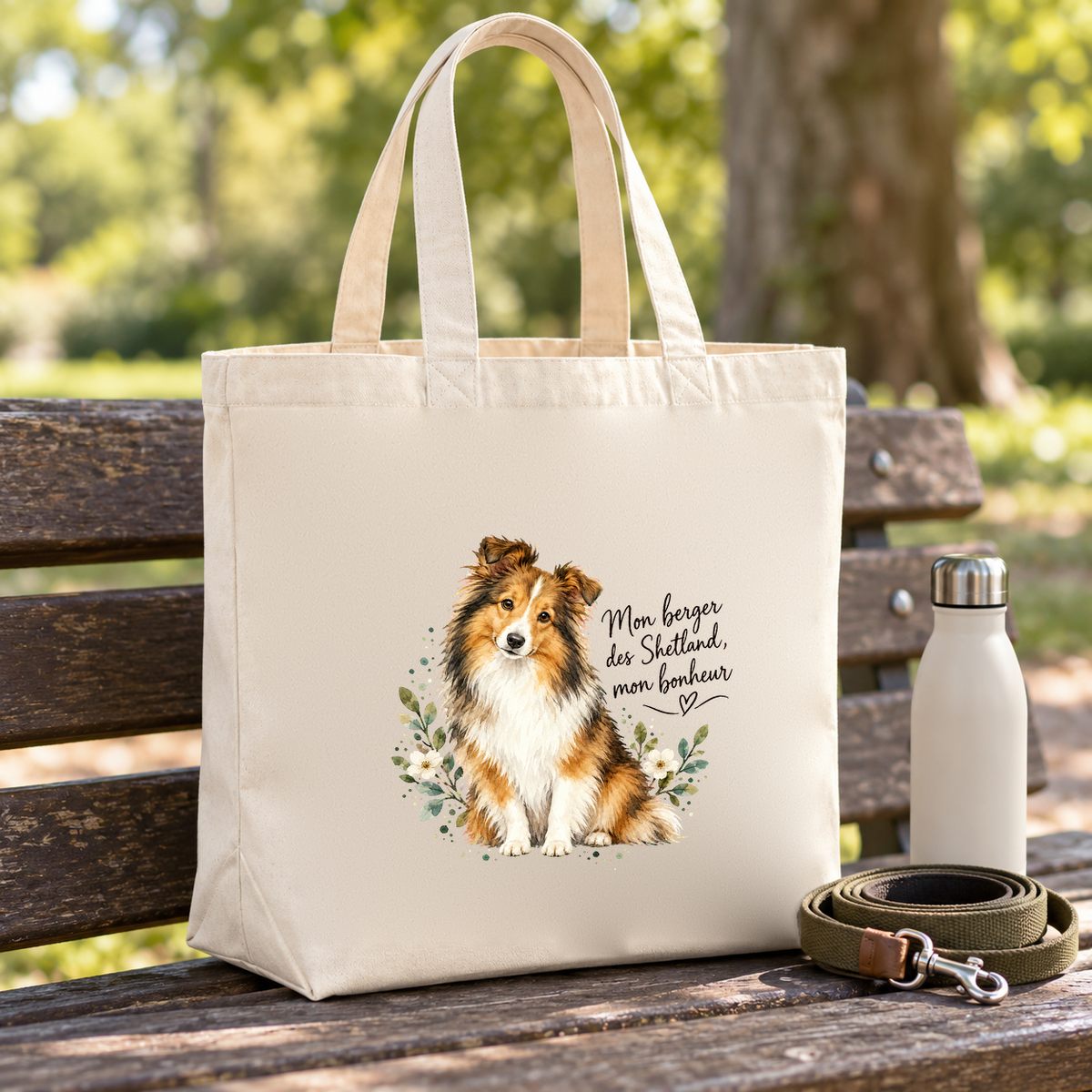 Tote bag berger des Shetland « Mon berger des Shetland, mon bonheur » Premium posé sur un banc de parc, à côté d'une gourde et d'une laisse