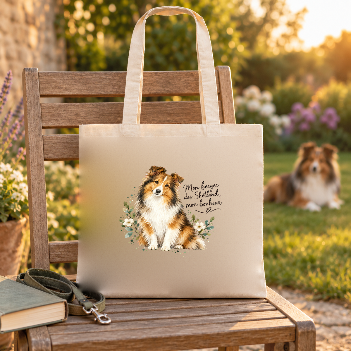 Tote bag berger des Shetland « Mon berger des Shetland, mon bonheur » Essentiel posé sur une chaise de jardin au coucher du soleil, un berger des Shetland allongé dans l'herbe