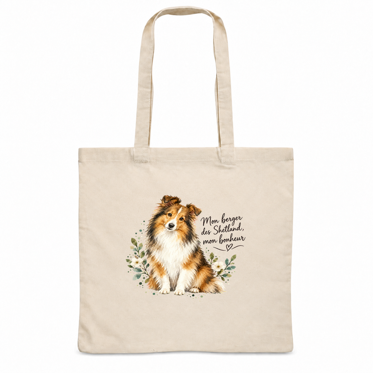 Tote bag berger des Shetland « Mon berger des Shetland, mon bonheur » Essentiel, sac plat en coton naturel 140 g/m² de 38 × 42 cm, portrait à l'aquarelle d'un berger des Shetland assis
