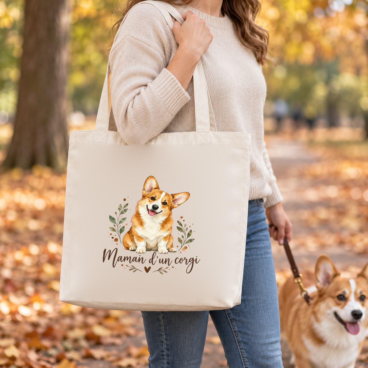 Tote bag corgi « Maman d'un corgi » Premium porté à l'épaule lors d'une balade d'automne, avec son corgi