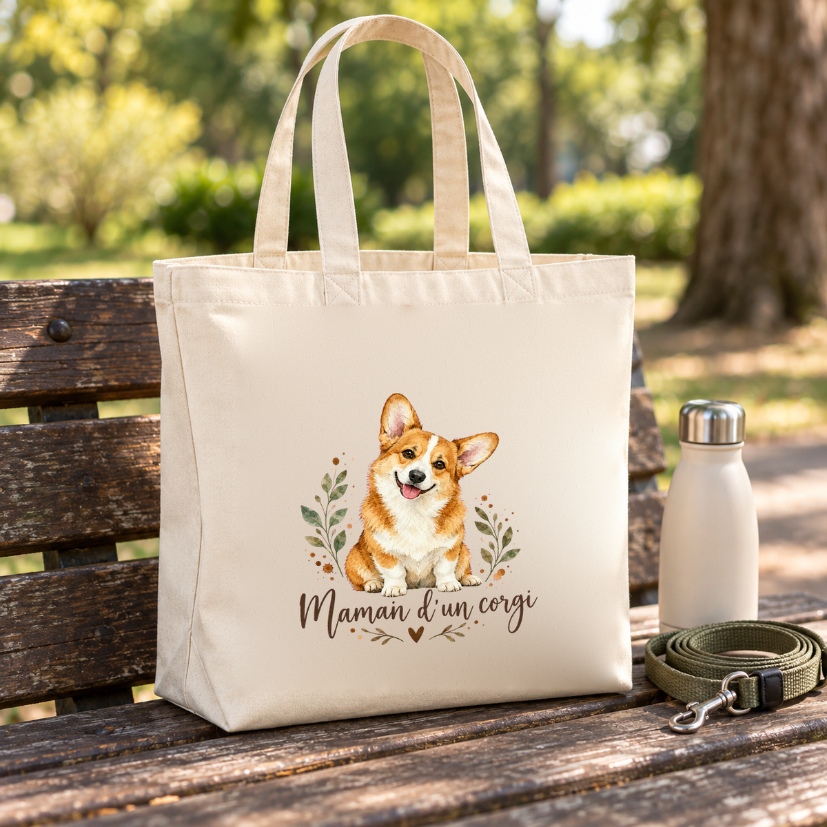 Tote bag corgi « Maman d'un corgi » Premium posé sur un banc de parc, à côté d'une gourde et d'une laisse