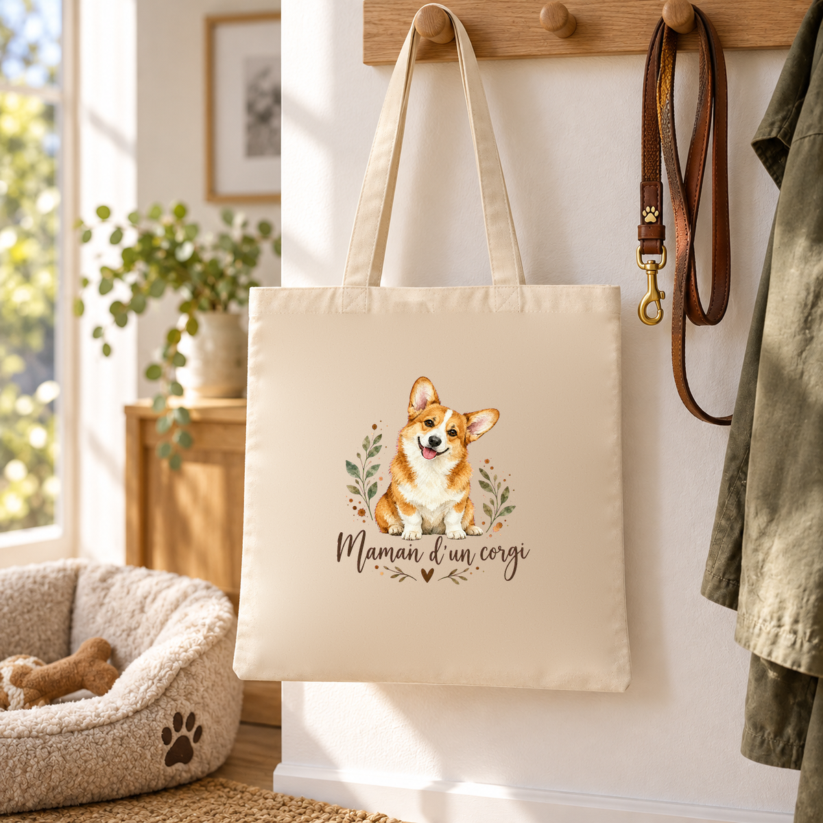 Tote bag corgi « Maman d'un corgi » Essentiel suspendu à une patère d'entrée, à côté d'une laisse et d'un panier