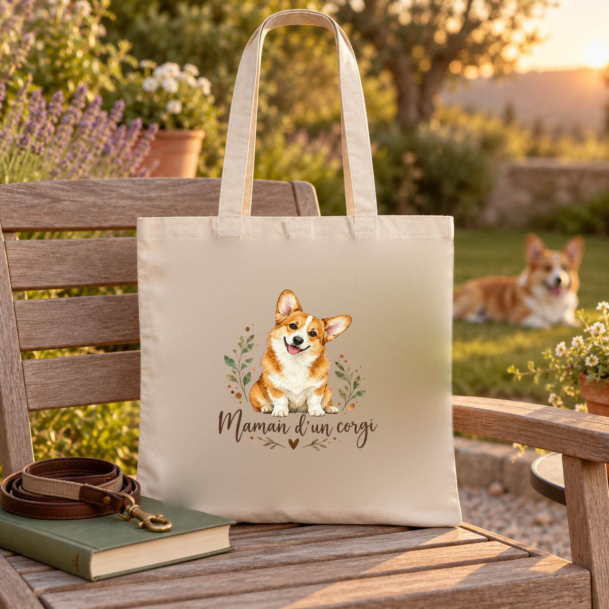 Tote bag corgi « Maman d'un corgi » Essentiel posé sur un banc de jardin, à côté d'un livre et d'une laisse, un corgi dans l'herbe