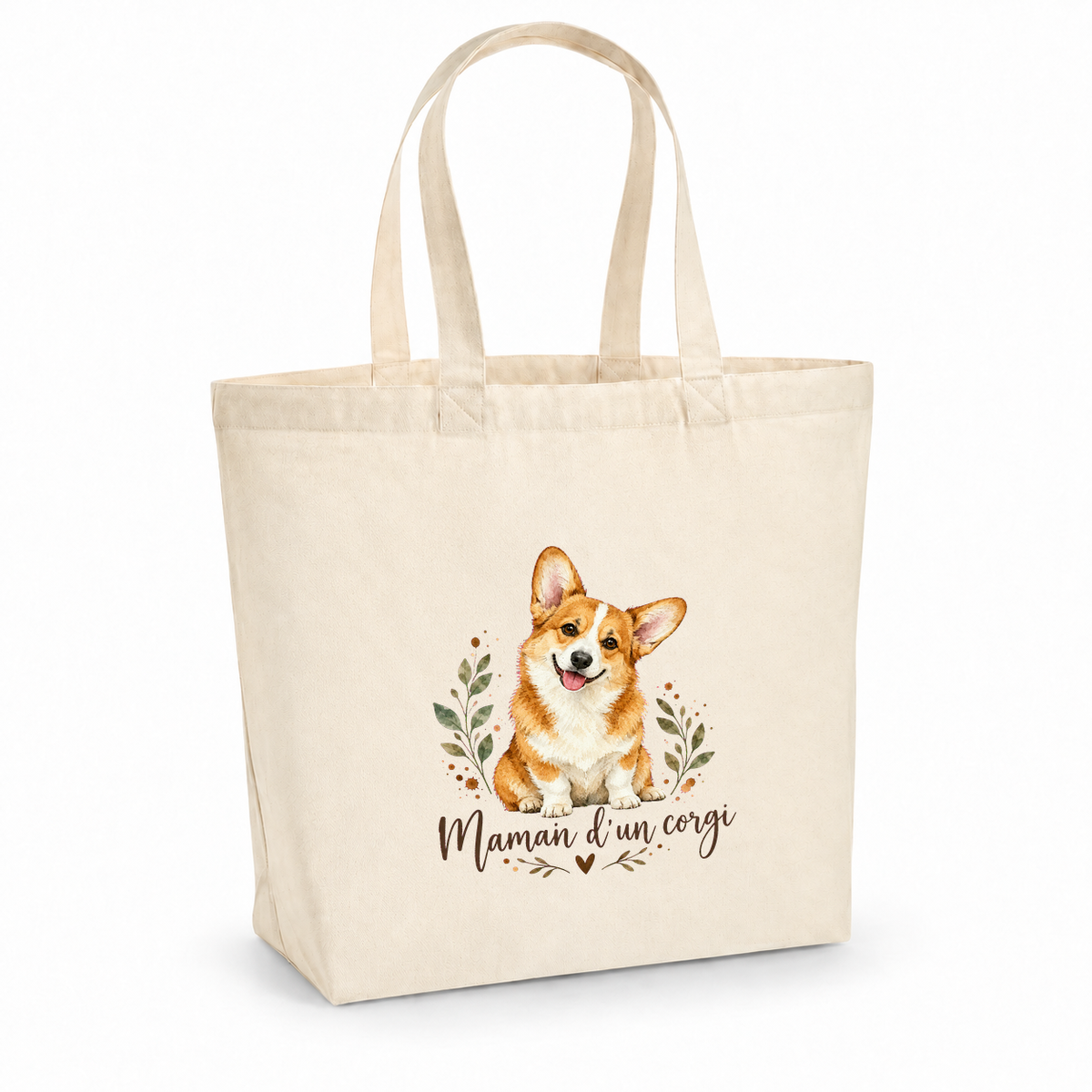 Tote bag corgi « Maman d'un corgi » Premium, cabas à soufflet en coton naturel 200 g/m² de 18 litres, portrait à l'aquarelle d'un corgi roux et blanc assis