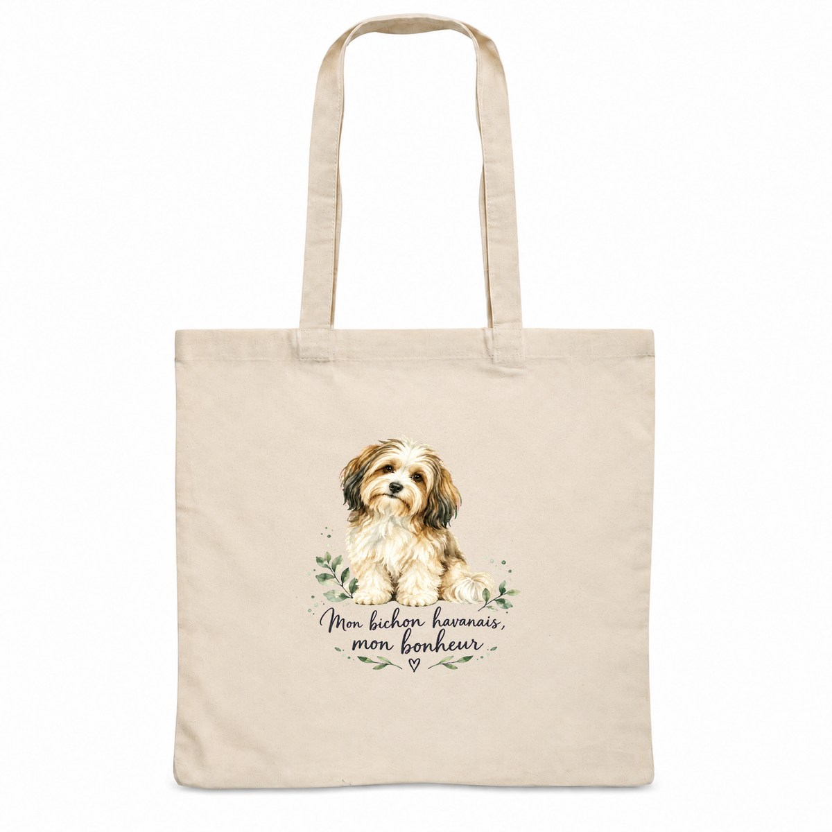 Tote bag bichon havanais « Mon bichon havanais, mon bonheur » Essentiel, sac plat en coton naturel 140 g/m² de 38 × 42 cm, portrait à l'aquarelle d'un bichon havanais crème et brun assis