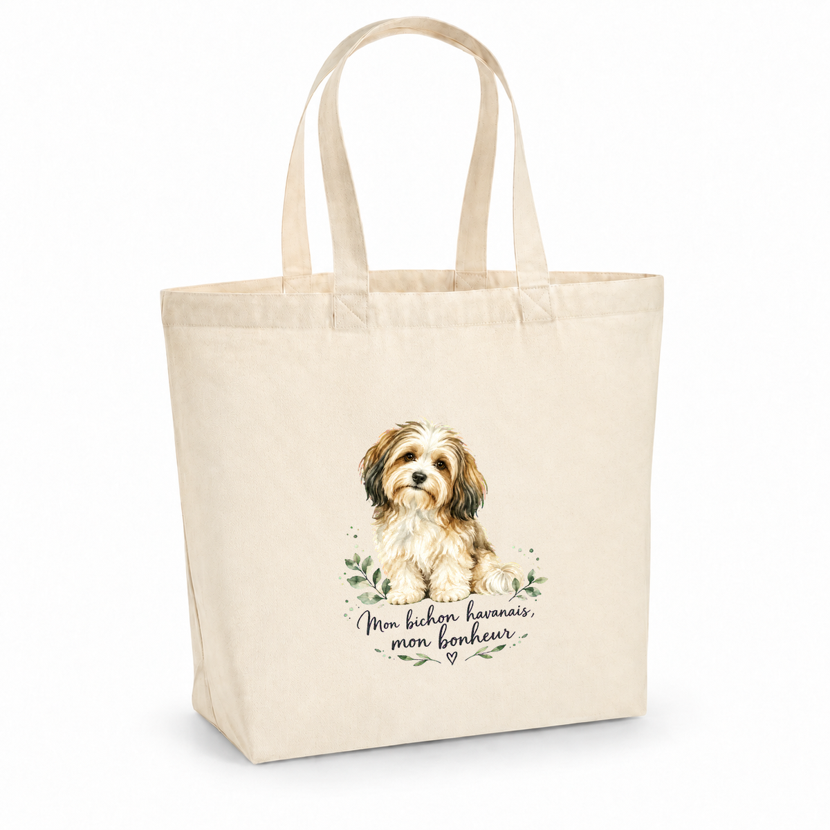 Tote bag bichon havanais « Mon bichon havanais, mon bonheur » Premium, cabas à soufflet en coton naturel 200 g/m² de 18 litres, portrait à l'aquarelle d'un bichon havanais crème et brun assis