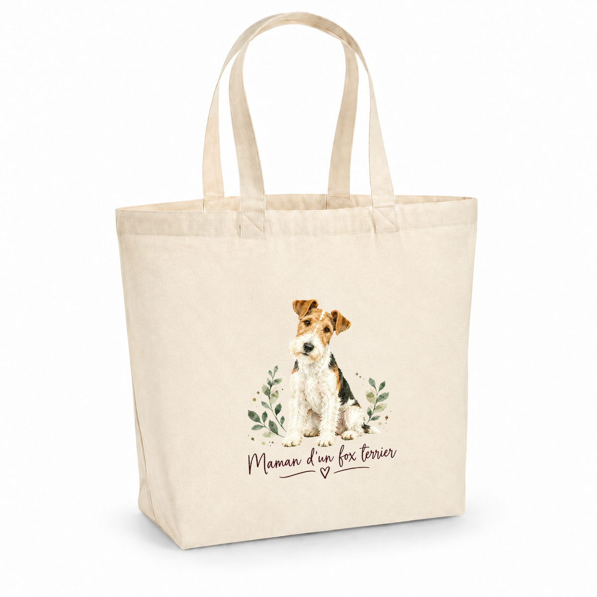 Tote bag fox terrier « Maman d'un fox terrier » Premium, cabas à soufflet en coton naturel 200 g/m² de 18 litres, portrait à l'aquarelle d'un fox terrier assis