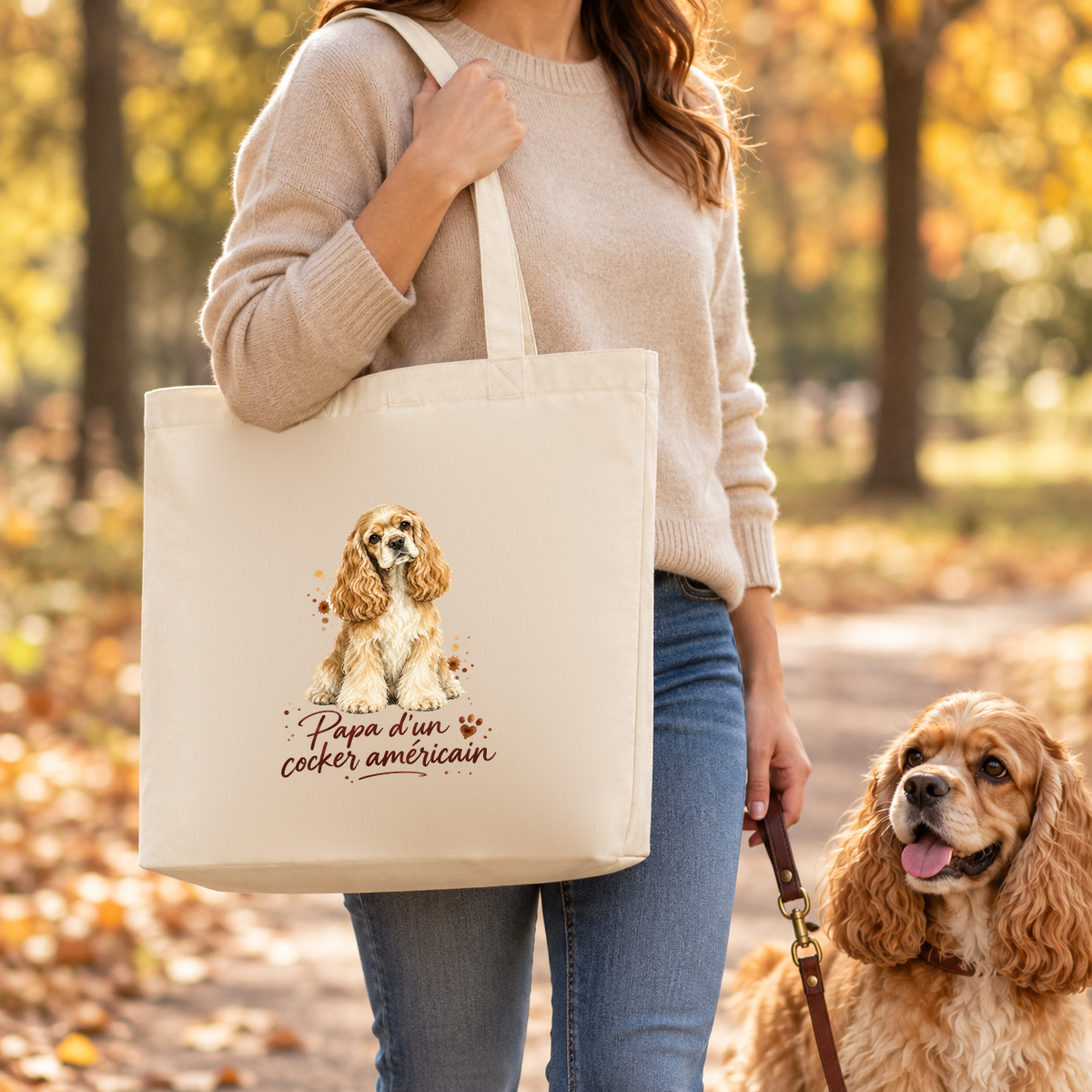 Tote bag cocker américain « Papa d'un cocker américain » Premium porté à l'épaule lors d'une balade d'automne, avec son cocker américain