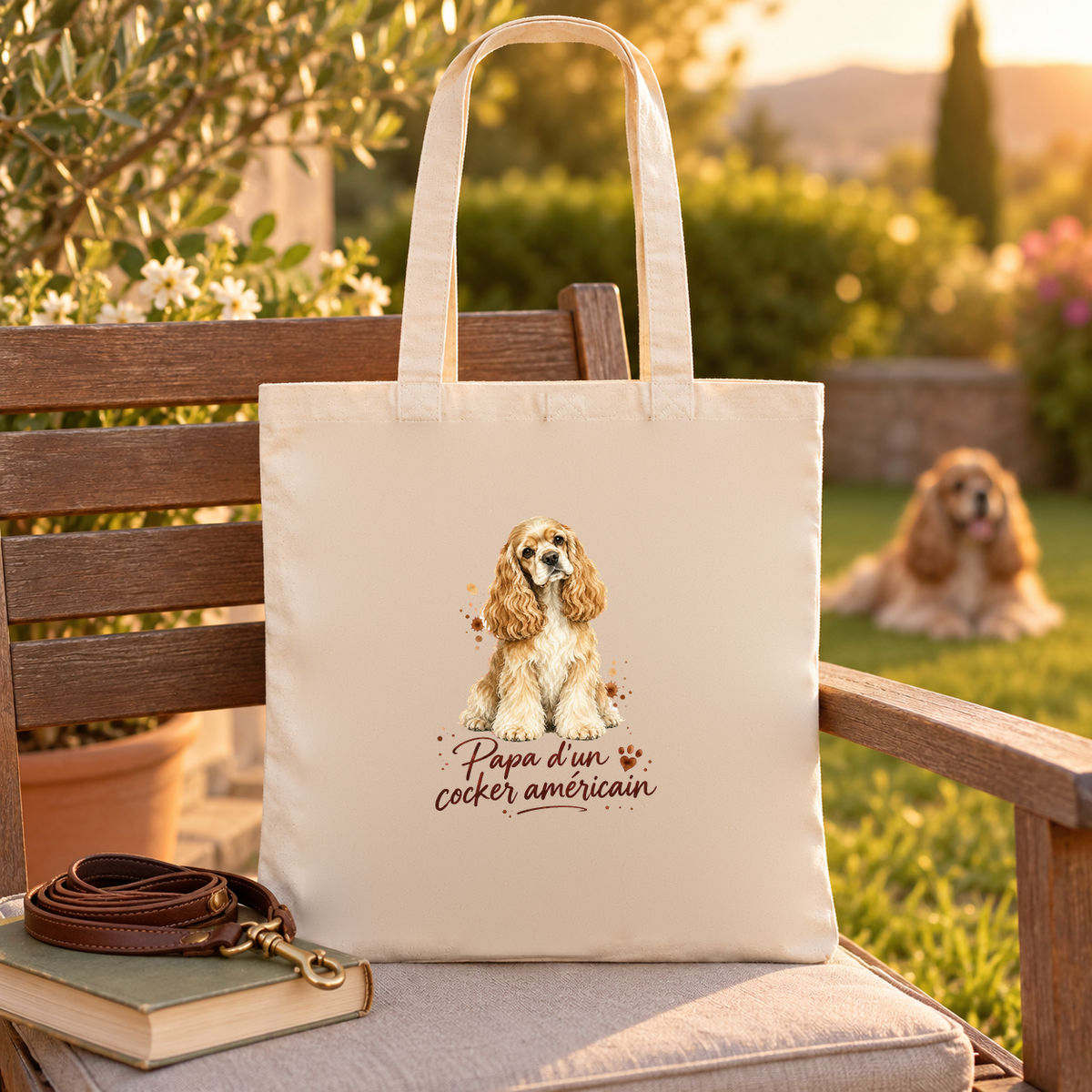 Tote bag cocker américain « Papa d'un cocker américain » Essentiel posé sur un banc de jardin, à côté d'un livre et d'une laisse, un cocker américain dans l'herbe