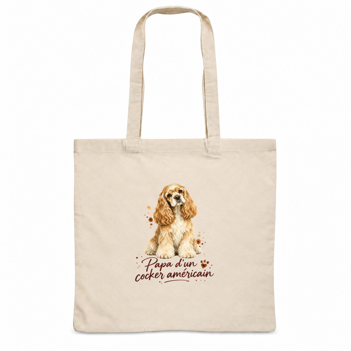 Tote bag cocker américain « Papa d'un cocker américain » Essentiel, sac plat en coton naturel 140 g/m² de 38 × 42 cm, portrait à l'aquarelle d'un cocker américain blond assis
