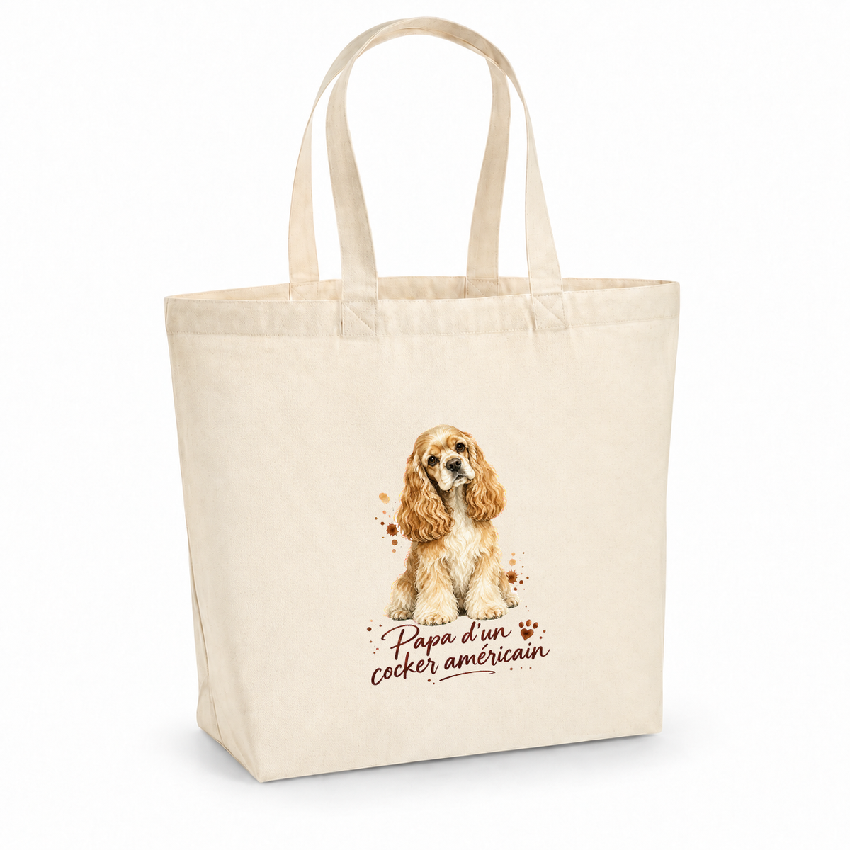 Tote bag cocker américain « Papa d'un cocker américain » Premium, cabas à soufflet en coton naturel 200 g/m² de 18 litres, portrait à l'aquarelle d'un cocker américain blond assis