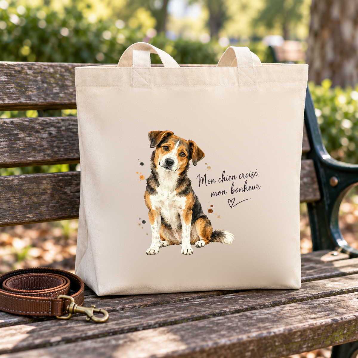 Tote bag chien croisé « Mon chien croisé, mon bonheur » Premium posé sur un banc de parc, à côté d'une laisse