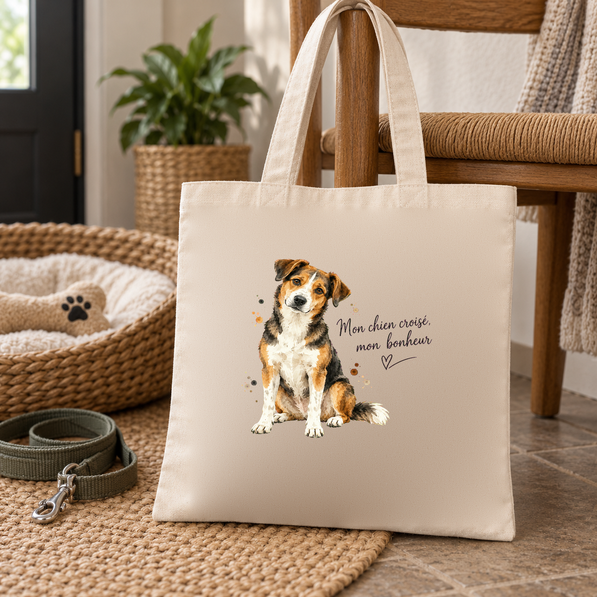 Tote bag chien croisé « Mon chien croisé, mon bonheur » Essentiel posé sur un tapis d'entrée, à côté d'un panier pour chien et d'une laisse
