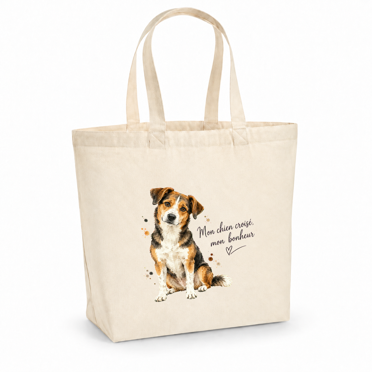 Tote bag chien croisé « Mon chien croisé, mon bonheur » Premium, cabas à soufflet en coton naturel 200 g/m² de 18 litres, portrait à l'aquarelle d'un chien croisé tricolore assis