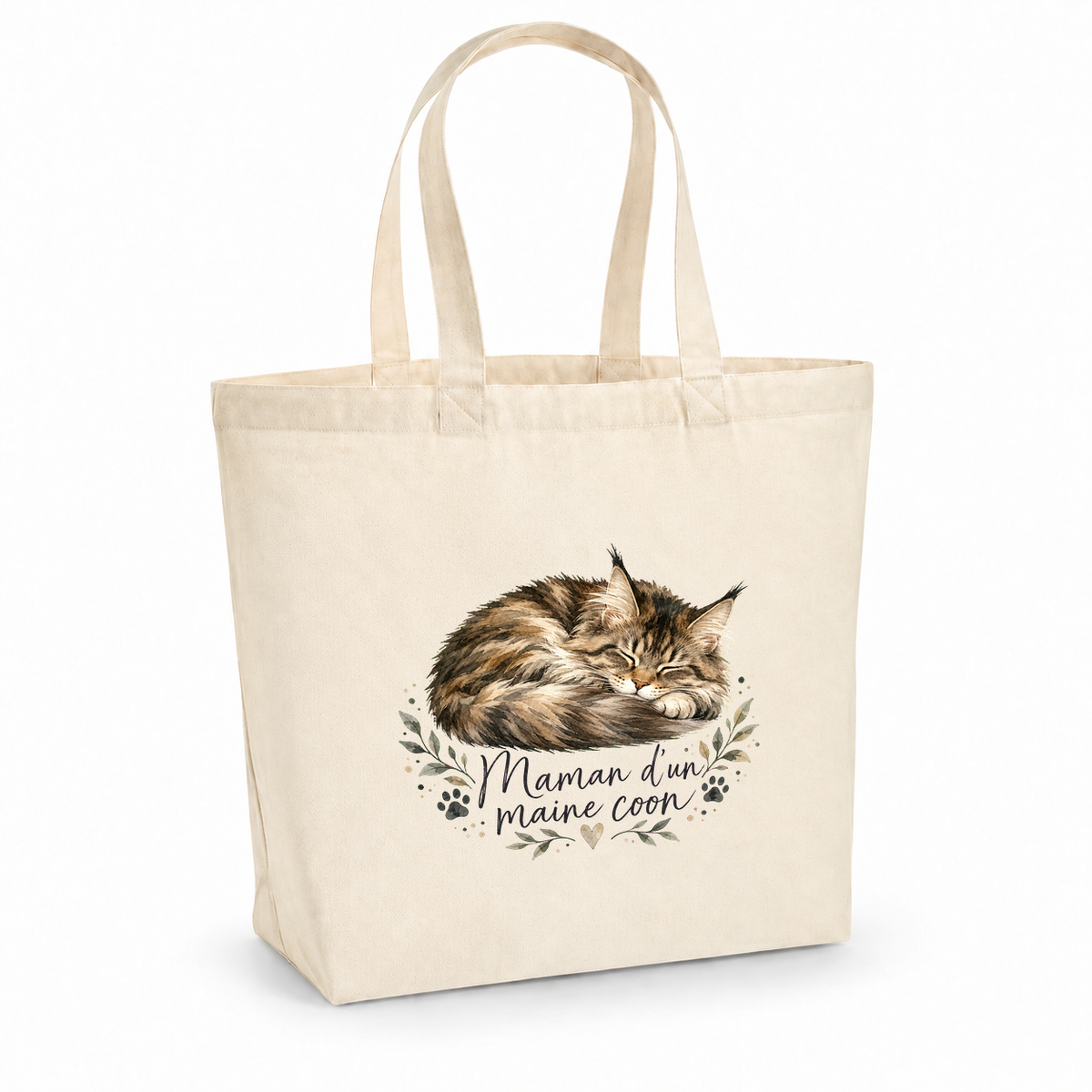 Tote bag maine coon « Maman d'un maine coon » Premium, cabas à soufflet en coton naturel 200 g/m² de 18 litres, portrait à l'aquarelle d'un maine coon endormi en boule