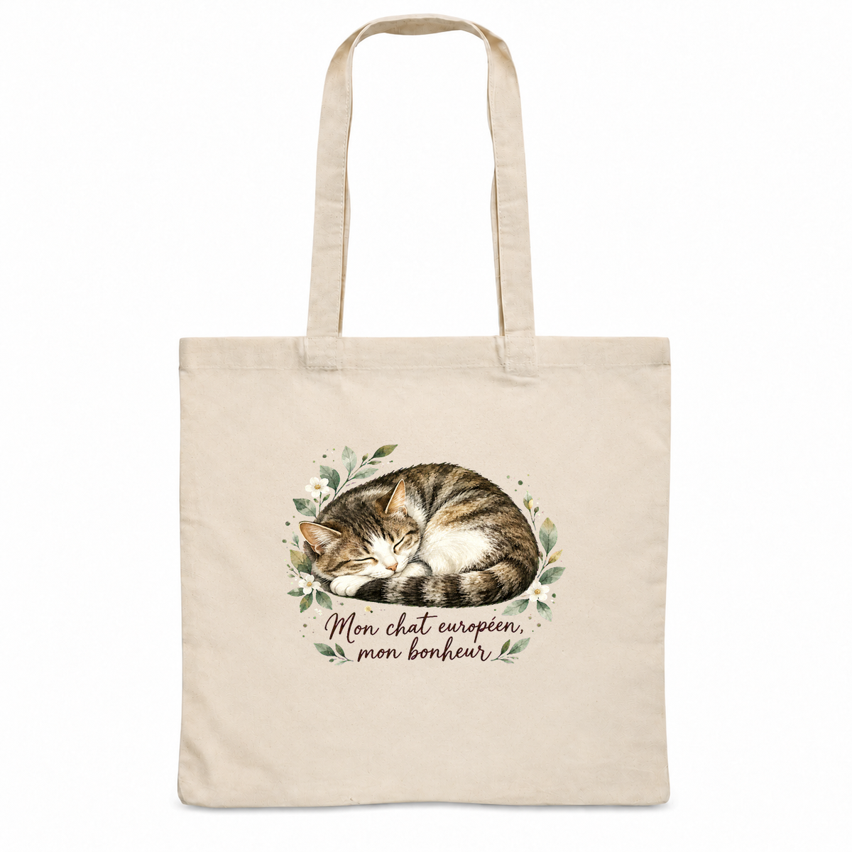 Tote bag chat européen « Mon chat européen, mon bonheur » Essentiel, sac plat en coton naturel 140 g/m² de 38 × 42 cm, portrait à l'aquarelle d'un chat européen endormi en boule