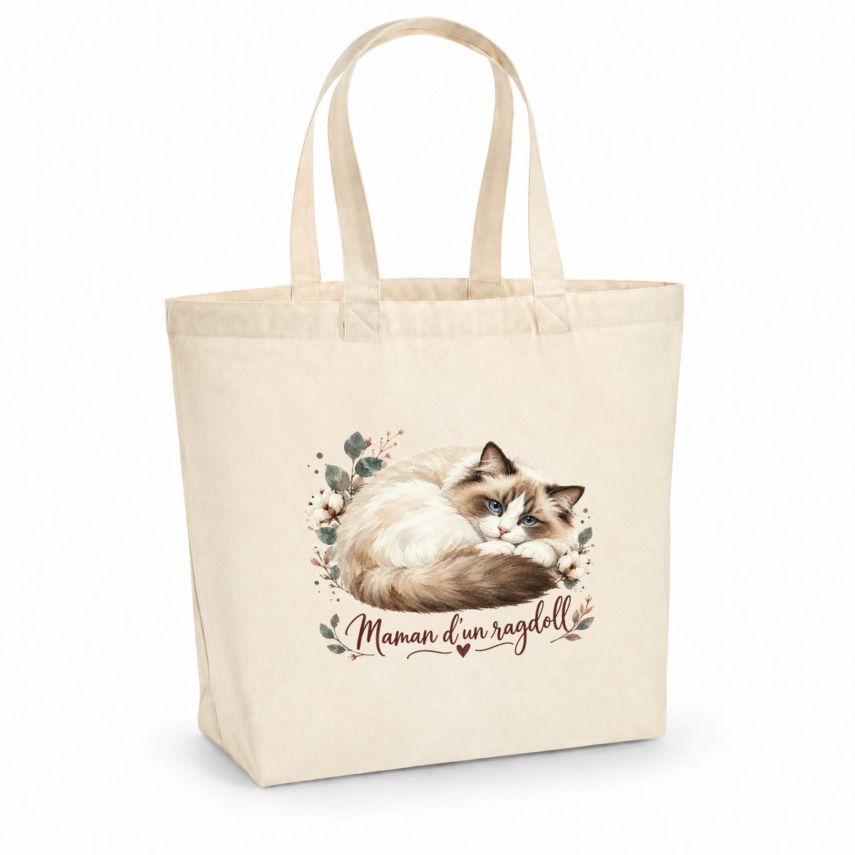 Tote bag ragdoll « Maman d'un ragdoll » Premium, cabas à soufflet en coton naturel 200 g/m² de 18 litres, portrait à l'aquarelle d'un ragdoll aux yeux bleus couché en boule