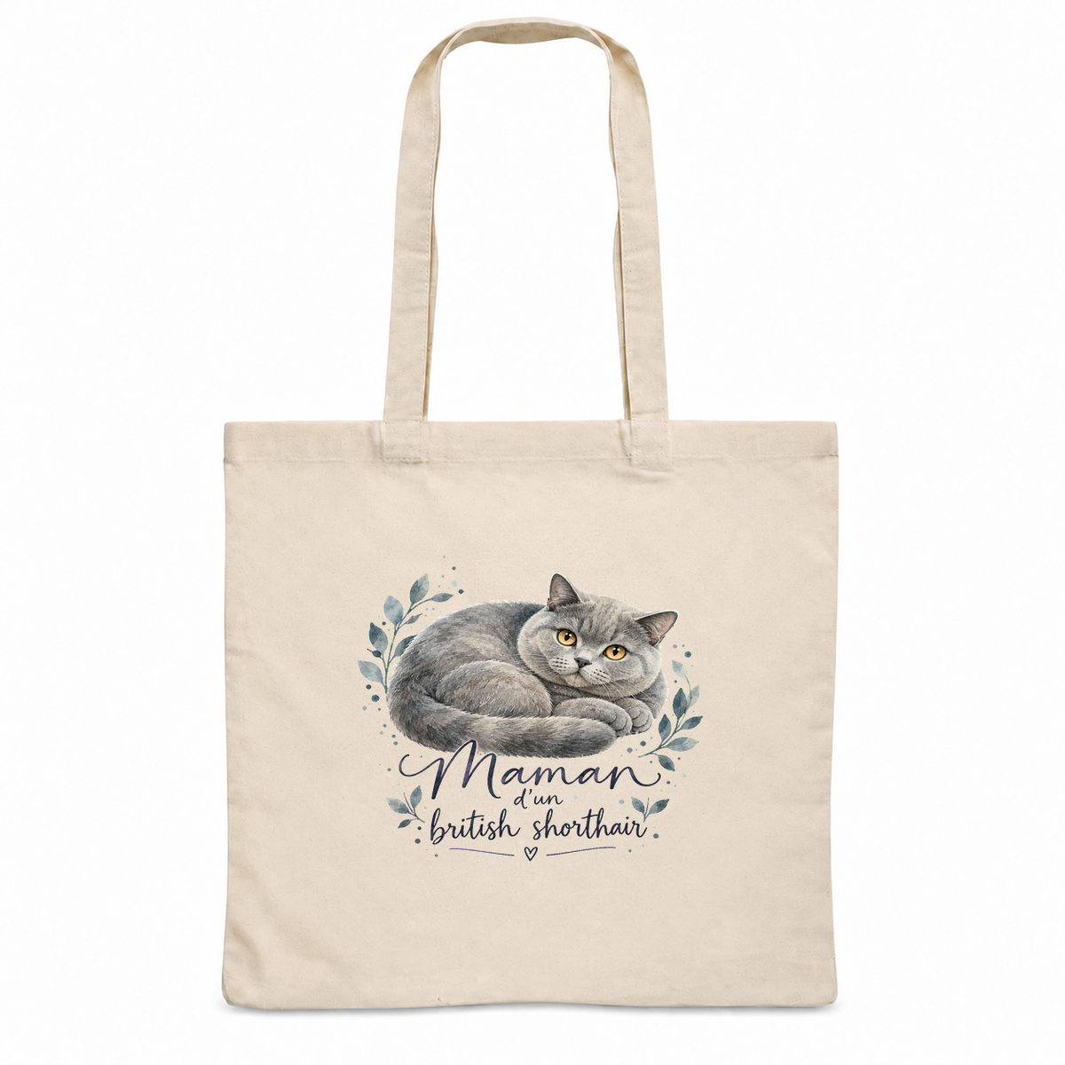 Tote bag british shorthair « Maman d'un british shorthair » Essentiel, sac plat en coton naturel 140 g/m² de 38 × 42 cm, portrait à l'aquarelle d'un british shorthair bleu couché en boule