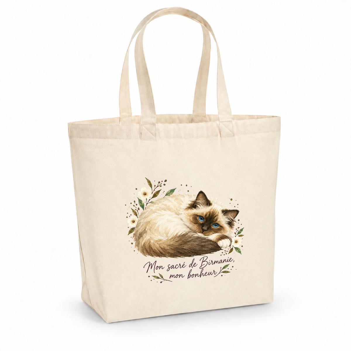 Tote bag sacré de Birmanie « Mon sacré de Birmanie, mon bonheur » Premium, cabas à soufflet en coton naturel 200 g/m² de 18 litres, portrait à l'aquarelle d'un sacré de Birmanie endormi en boule