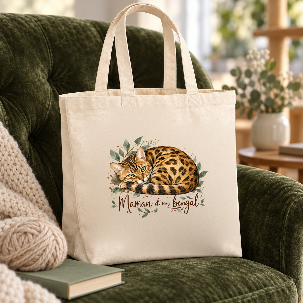 Tote bag bengal « Maman d'un bengal » Premium posé sur un fauteuil en velours vert, à côté d'une pelote de laine et d'un livre