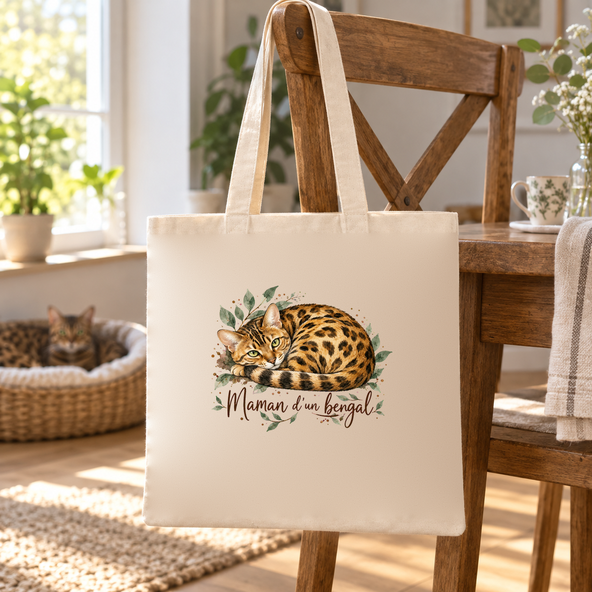 Tote bag bengal « Maman d'un bengal » Essentiel suspendu à une chaise de salle à manger, un chat endormi dans son panier