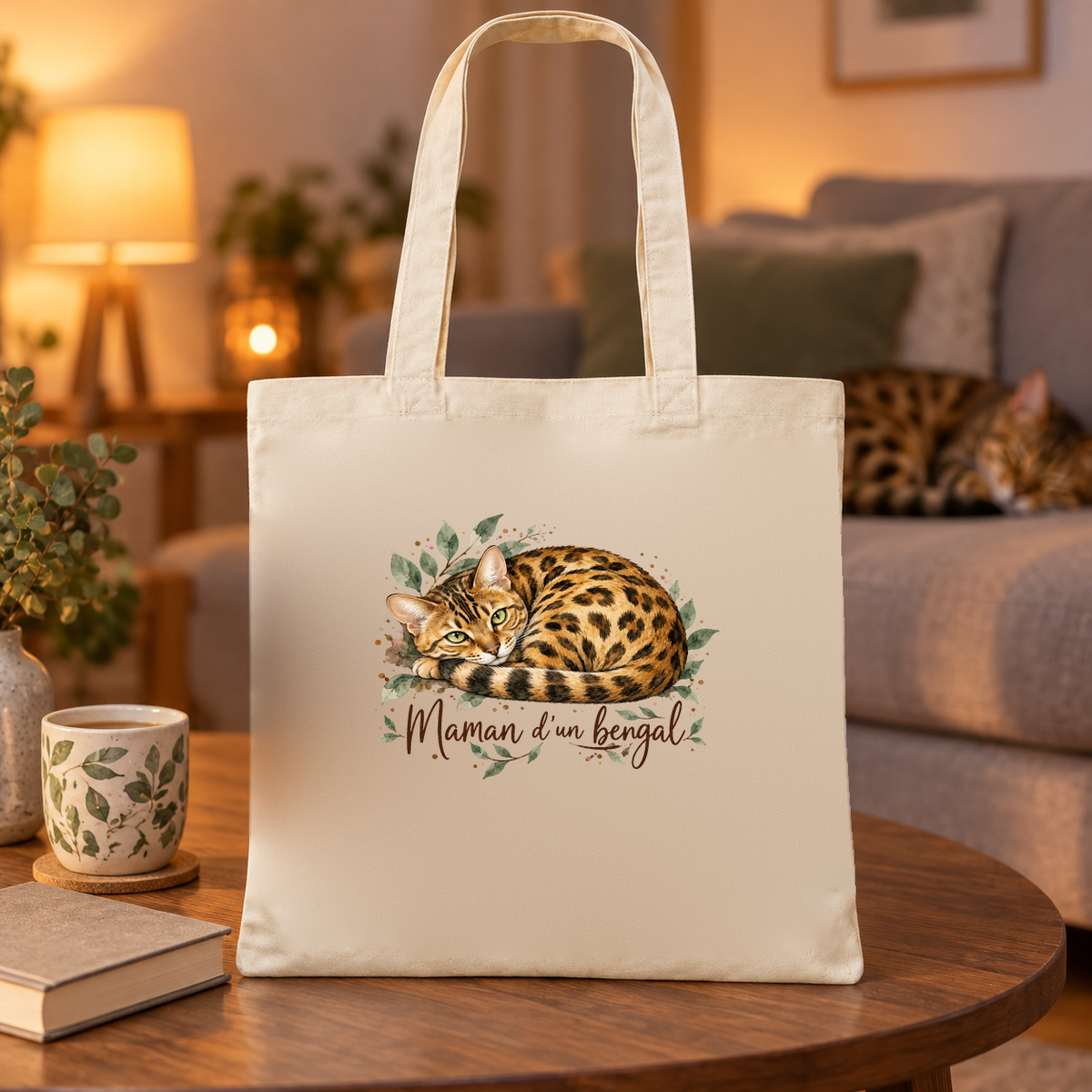 Tote bag bengal « Maman d'un bengal » Essentiel posé sur une table basse à la lueur d'une lampe, à côté d'un mug et d'un livre