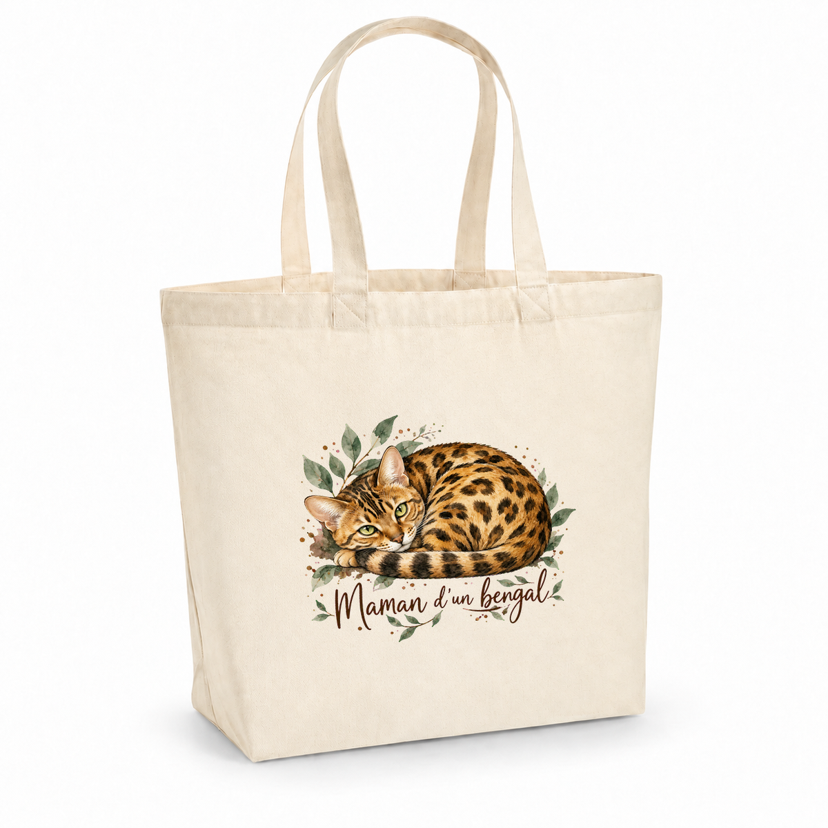 Tote bag bengal « Maman d'un bengal » Premium, cabas à soufflet en coton naturel 200 g/m² de 18 litres, portrait à l'aquarelle d'un bengal doré à rosettes couché en boule