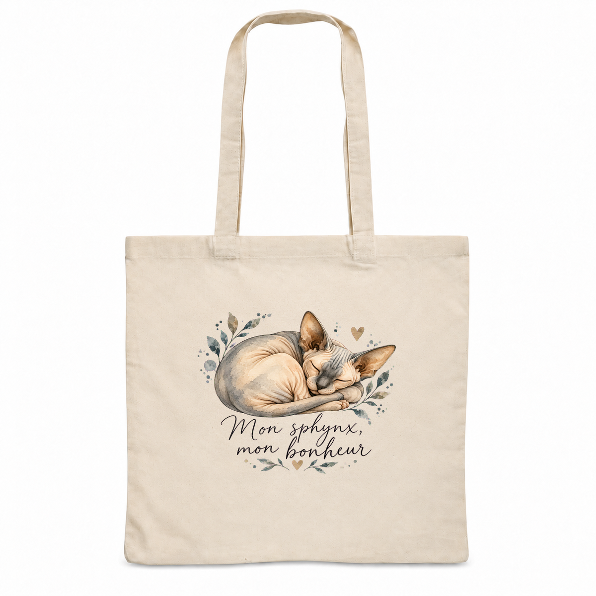 Tote bag sphynx « Mon sphynx, mon bonheur » Essentiel, sac plat en coton naturel 140 g/m² de 38 × 42 cm, portrait à l'aquarelle d'un sphynx endormi en boule