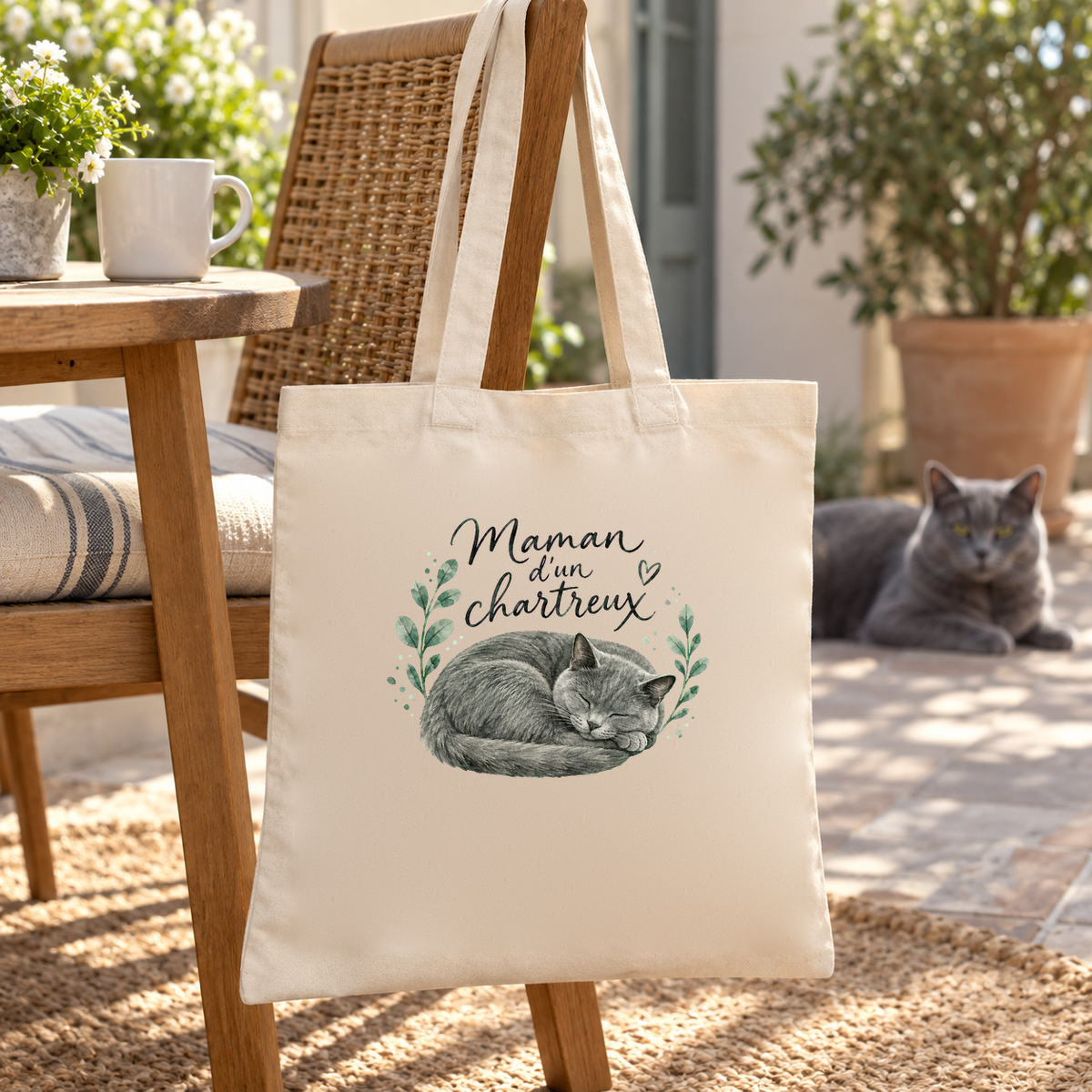 Tote bag chartreux « Maman d'un chartreux » Essentiel suspendu à une chaise de salle à manger, un chartreux couché à côté