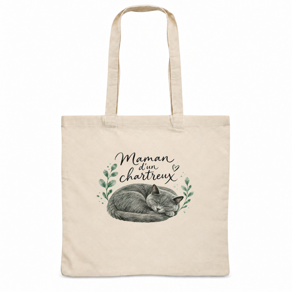 Tote bag chartreux « Maman d'un chartreux » Essentiel, sac plat en coton naturel 140 g/m² de 38 × 42 cm, portrait à l'aquarelle d'un chartreux gris bleu endormi en boule