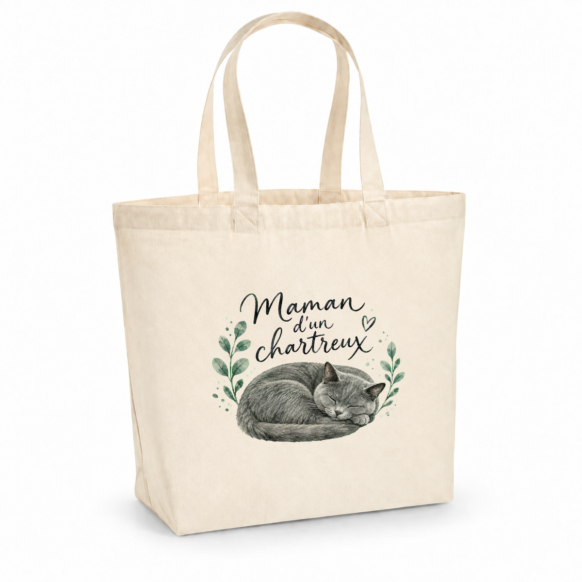 Tote bag chartreux « Maman d'un chartreux » Premium, cabas à soufflet en coton naturel 200 g/m² de 18 litres, portrait à l'aquarelle d'un chartreux gris bleu endormi en boule