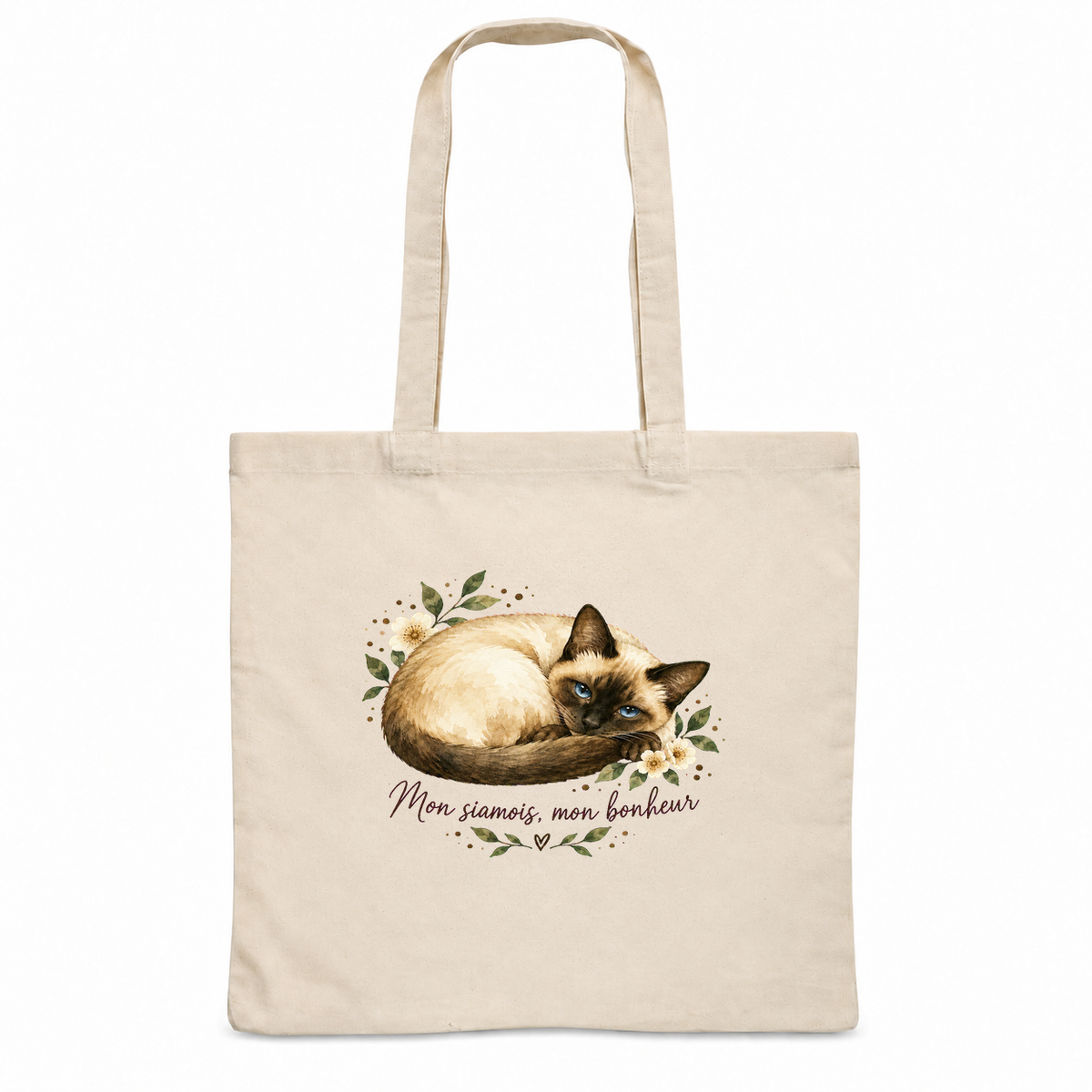 Tote bag siamois « Mon siamois, mon bonheur » Essentiel, sac plat en coton naturel 140 g/m² de 38 × 42 cm, portrait à l'aquarelle d'un siamois roulé en boule