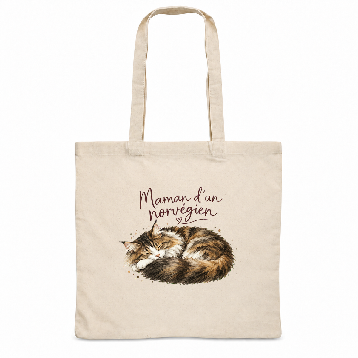Tote bag norvégien « Maman d'un norvégien » Essentiel, sac plat en coton naturel 140 g/m² de 38 × 42 cm, portrait à l'aquarelle d'un chat des forêts norvégiennes endormi en boule