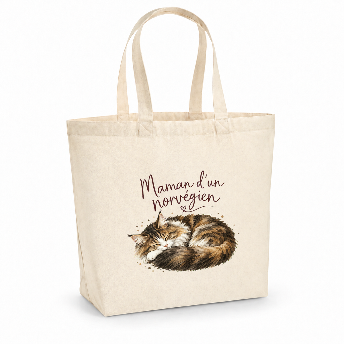 Tote bag norvégien « Maman d'un norvégien » Premium, cabas à soufflet en coton naturel 200 g/m² de 18 litres, portrait à l'aquarelle d'un chat des forêts norvégiennes endormi en boule