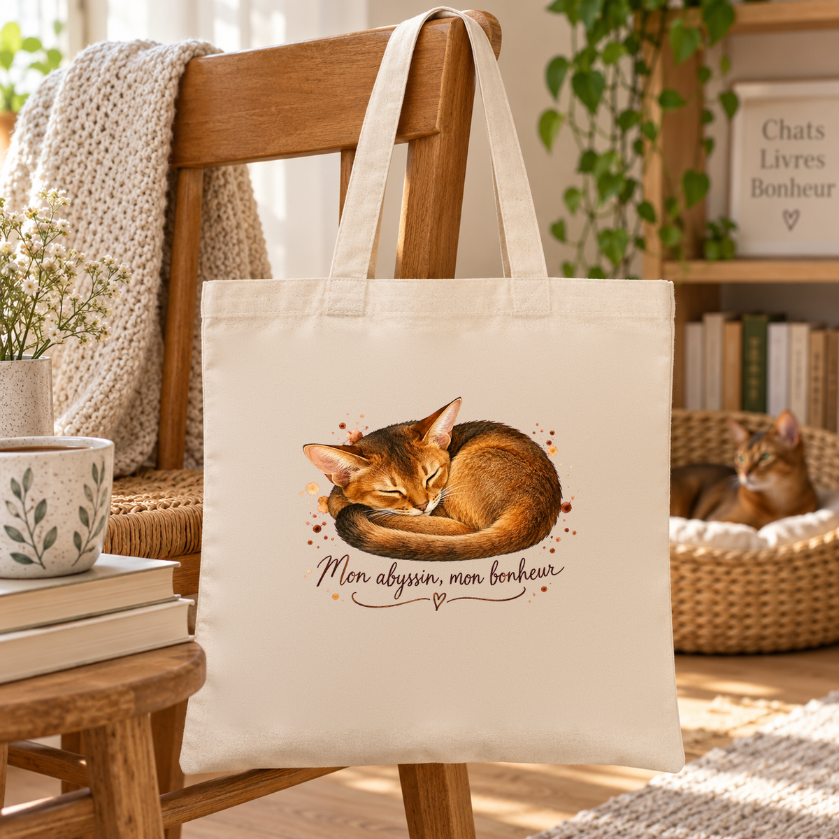 Tote bag abyssin « Mon abyssin, mon bonheur » Essentiel suspendu à une chaise près d'une bibliothèque, un abyssin installé dans son panier