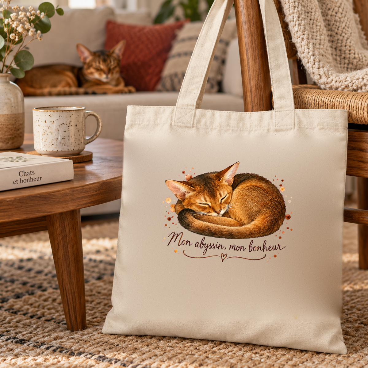 Tote bag abyssin « Mon abyssin, mon bonheur » Essentiel posé au pied d'un fauteuil, un abyssin allongé sur le canapé
