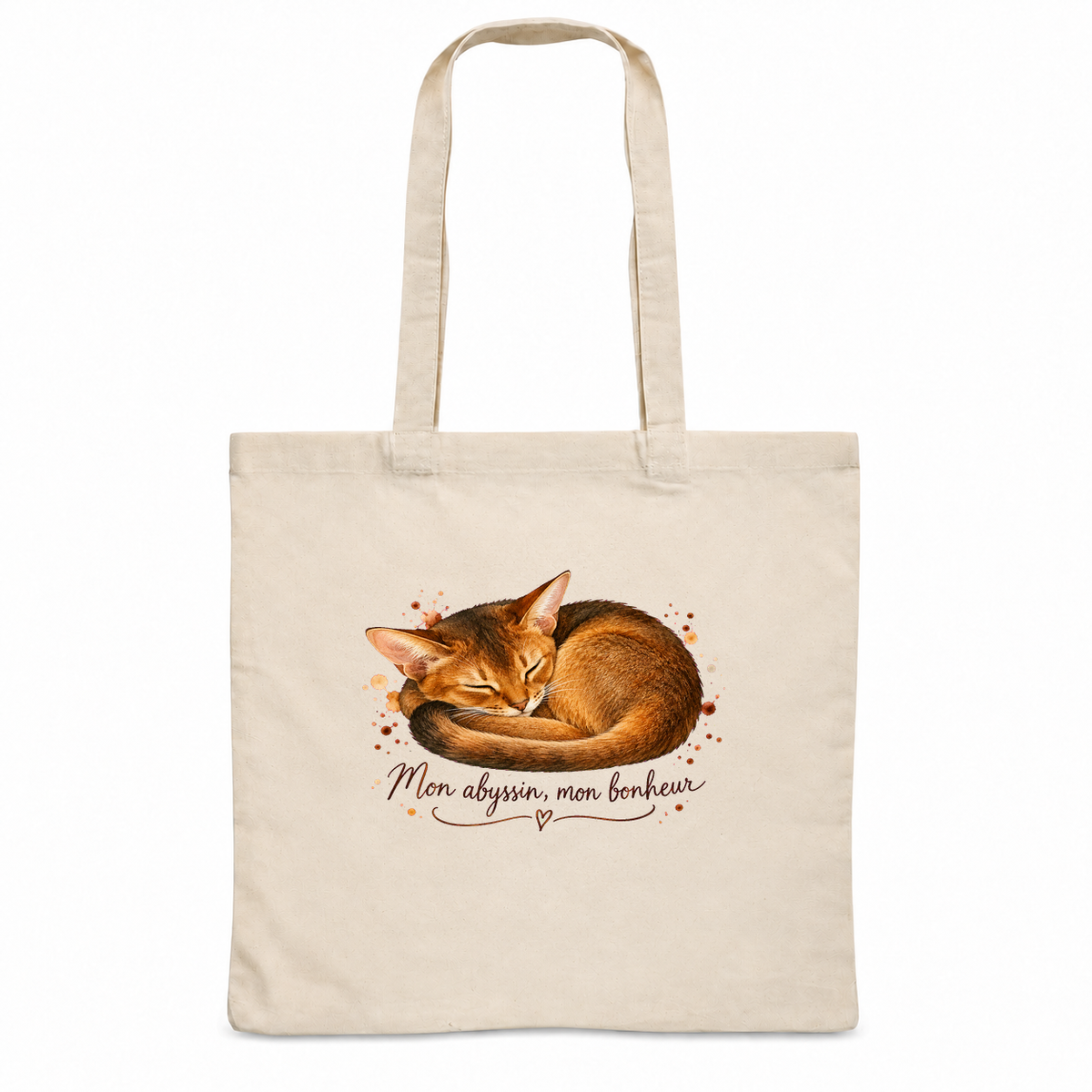 Tote bag abyssin « Mon abyssin, mon bonheur » Essentiel, sac plat en coton naturel 140 g/m² de 38 × 42 cm, portrait à l'aquarelle d'un abyssin endormi en boule