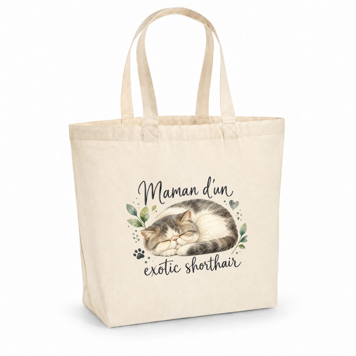 Tote bag exotic shorthair « Maman d'un exotic shorthair » Premium, cabas à soufflet en coton naturel 200 g/m² de 18 litres, portrait à l'aquarelle d'un exotic shorthair tigré et blanc endormi en boule