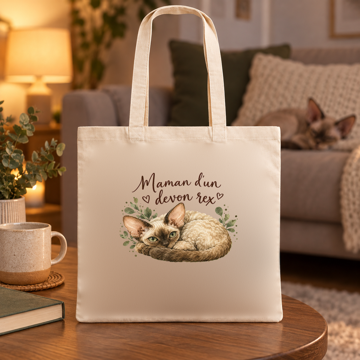 Tote bag devon rex « Maman d'un devon rex » Essentiel posé sur une table basse à la lueur d'une lampe, à côté d'un mug et d'un livre