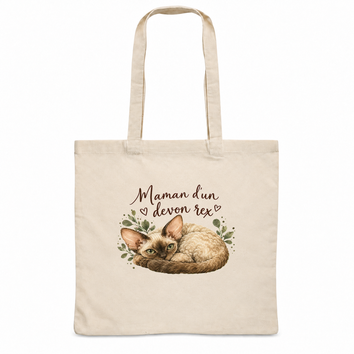 Tote bag devon rex « Maman d'un devon rex » Essentiel, sac plat en coton naturel 140 g/m² de 38 × 42 cm, portrait à l'aquarelle d'un devon rex aux grandes oreilles couché en boule