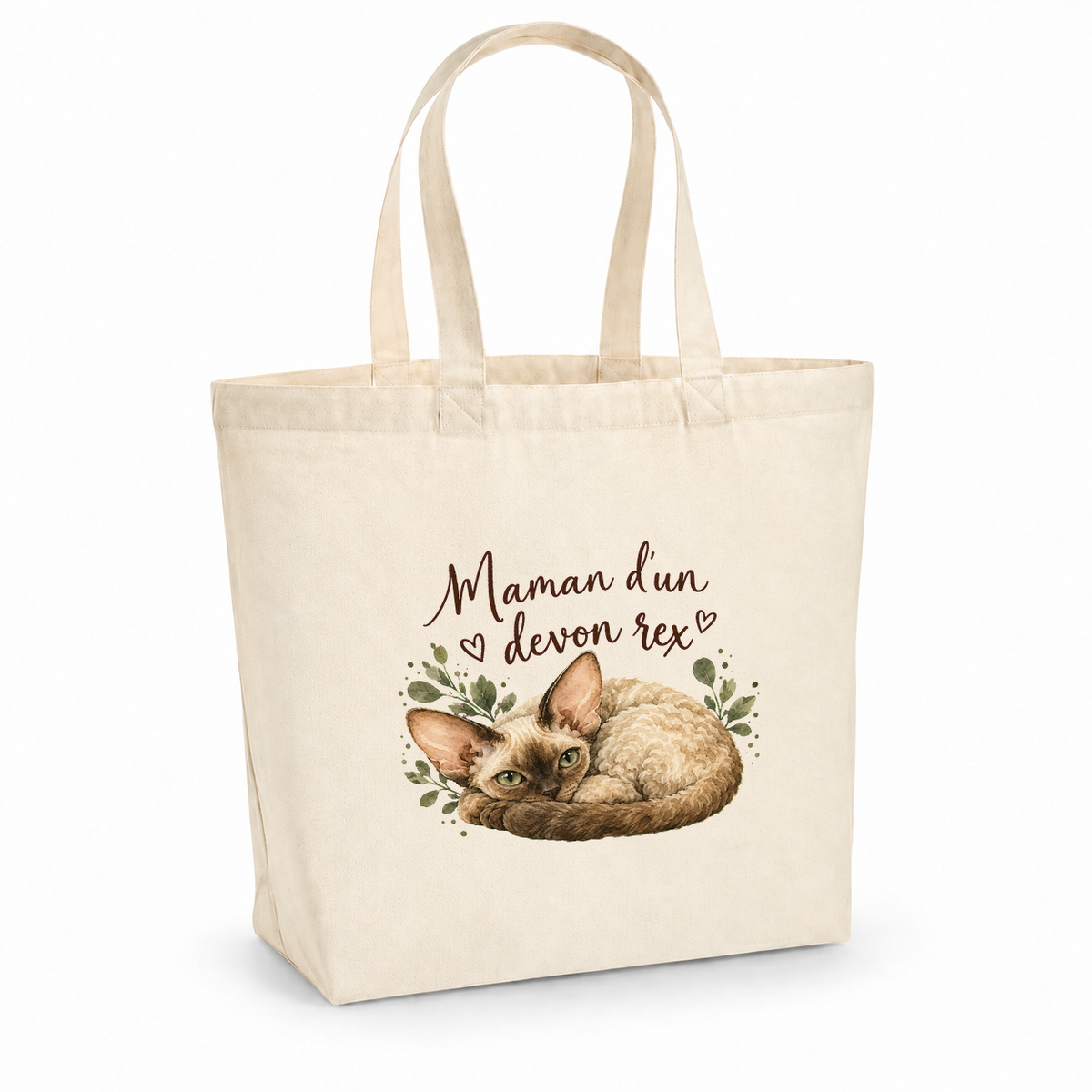 Tote bag devon rex « Maman d'un devon rex » Premium, cabas à soufflet en coton naturel 200 g/m² de 18 litres, portrait à l'aquarelle d'un devon rex aux grandes oreilles couché en boule
