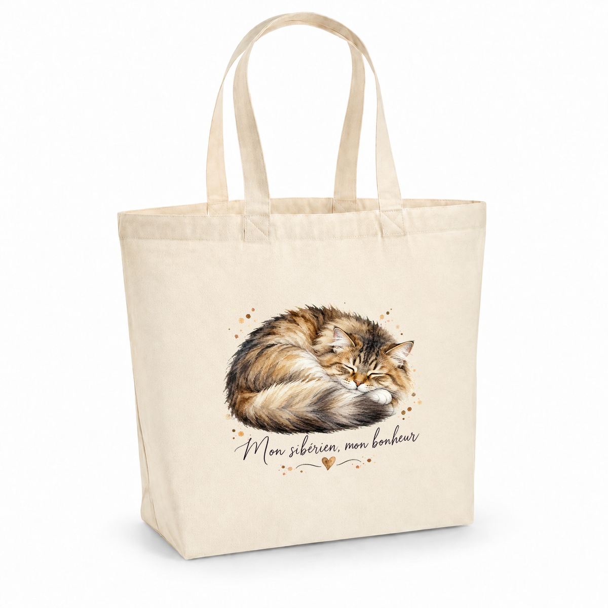 Tote bag sibérien « Mon sibérien, mon bonheur » Premium, cabas à soufflet en coton naturel 200 g/m² de 18 litres, portrait à l'aquarelle d'un chat sibérien endormi en boule